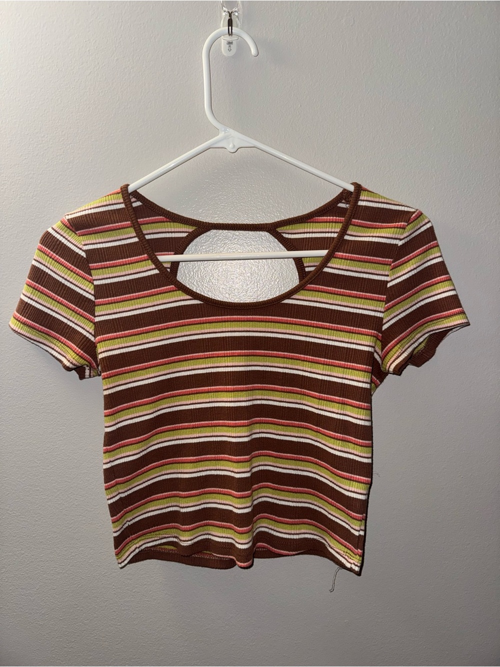 SO Brown Striped Short Sleeve Crop Top with Pink & Cream Accents